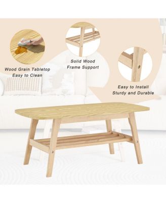 Solid Wood 2-Tier Coffee Table with Storage Shelf