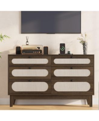 6 Rattan Drawer Dresser, with USB Ports and Outlets, 6 Chests of Drawers Storage for Bedroom, Living Room,Hallway,Bedside,Dining Room,Corridor
