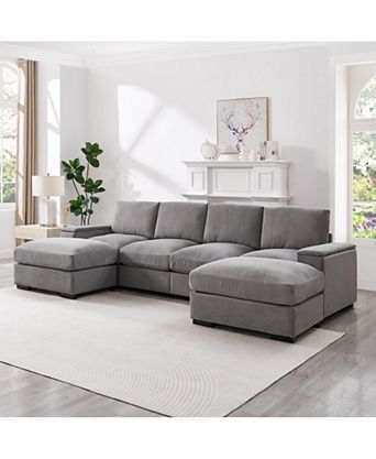 Corduroy Deep Seat Sectional Sofa Couch with Ottomans - (4-Seat, 2-Ottoman)