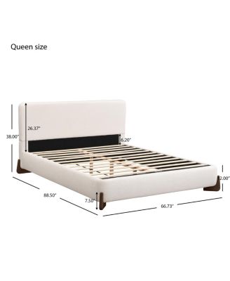 Elegant white queen upholstered bed with dark brown solid wood legs