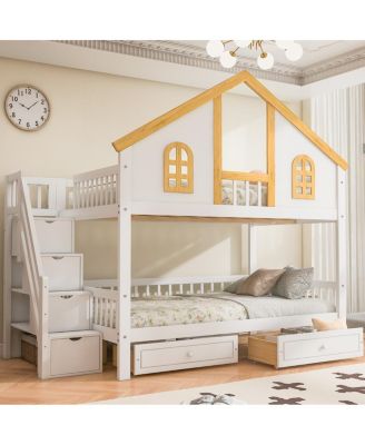 Full Size Wooden House Roof Bunk Bed with Window, Door, Storage & Stairs