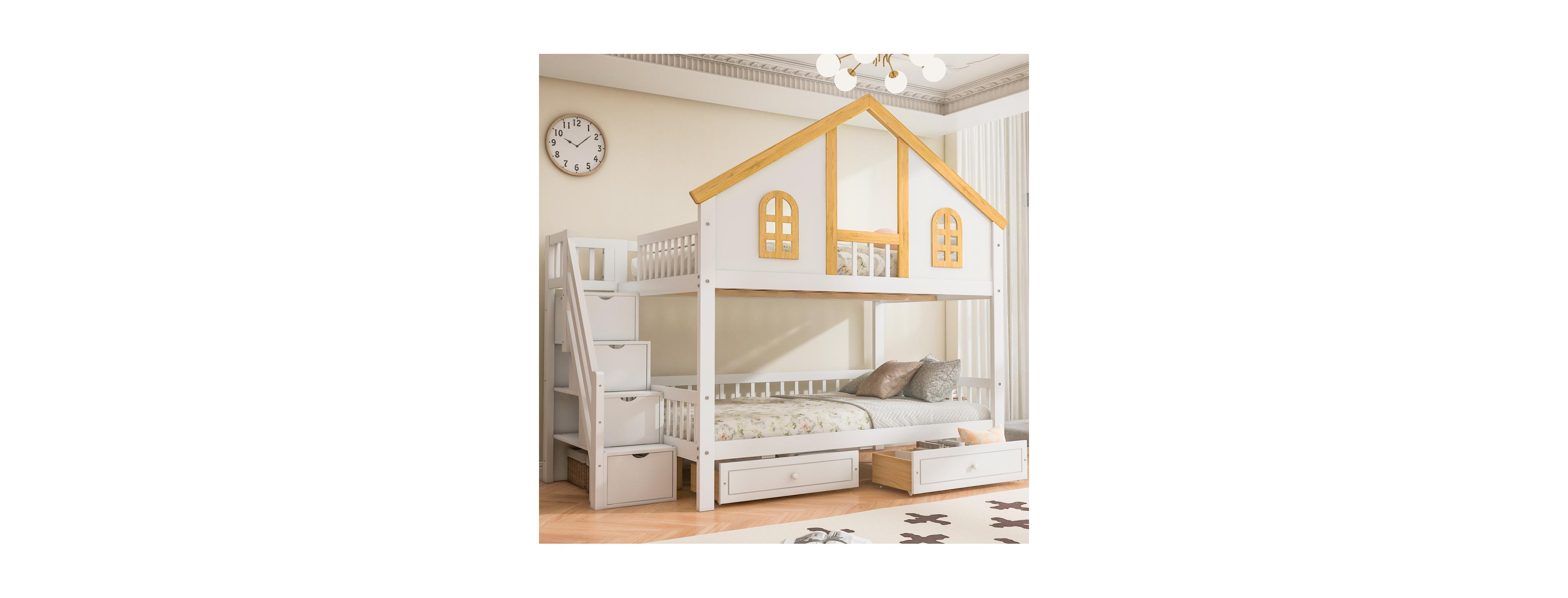 Streamdale Furniture Full Size Wooden House Roof Bunk Bed with Window, Door, Storage & Stairs