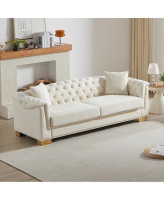 Classic Modern Sofa, 84-inch Chesterfield with Rolled Arms and Tasseled Clouds in Velvet