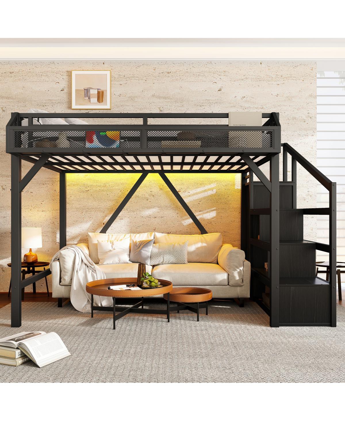 Streamdale Furniture Full Loft Bed with Storage Stairs, Shelves, Wardrobe, Usb, Led Lights