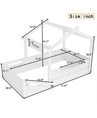 Twin Size House Floor Bed with Guardrails, Roof, Tray & Signboard