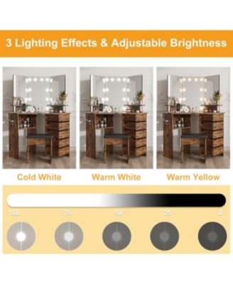 Makeup Vanity Desk with Lights and Power Outlet, Corner Vanity Table with 5 Rotating Drawers, Adjustable 3 Color Lighting, Shelves and Stool