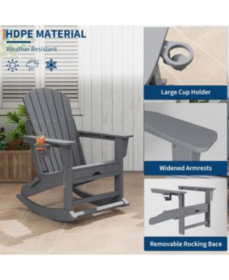 Adirondack Rocking Chair, Folding & Portable Rocker with Retractable Ottoman & Cup Holders, HDPE All Weather Outdoor Chair for Porch