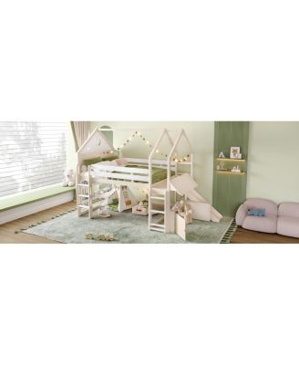 Streamdale Loft Bed with Bookshelf, Slide, and House-Shaped Design for Kids