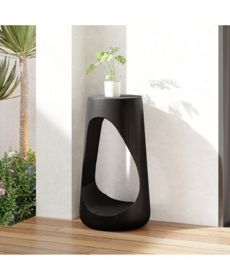 Outdoor Side Table, Hollow Design, Patio Garden Stool, Black Concrete