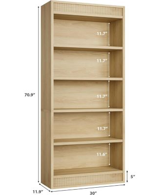 Tall Farmhouse Bookcase – 5-Tier Bookshelf with Fluted Design and Display Rack, Rustic Wood Freestanding Book Shelf for Office, Library