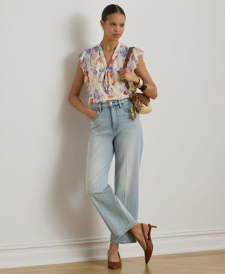 Women's Floral Pintucked Tie-Neck Blouse