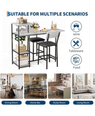 Dining Table Set for 2 3-Piece Expandable Bar Table and Chairs Set with Storage Shelves and Wine Rack Small Kitchen Dining Set