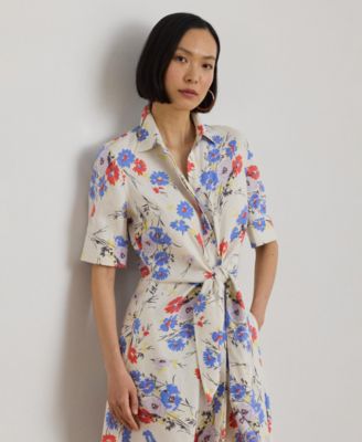Women's Floral Tie-Front Collared Shirt Dress