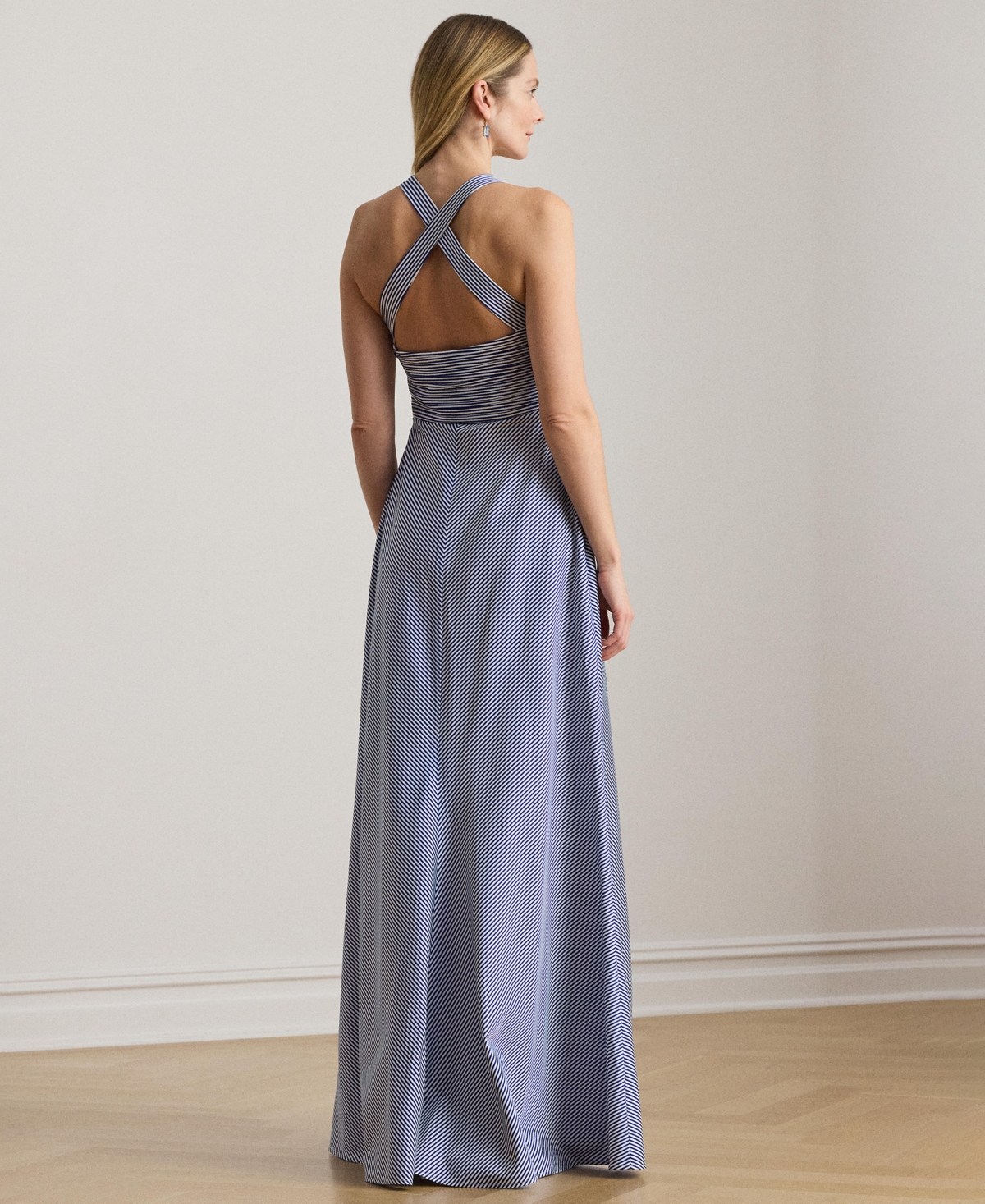 Lauren Ralph Women's Striped Pleated Sweetheart Neck Ball Gown