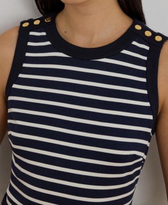 Women's Striped Snap-Trim Crewneck Sheath Dress