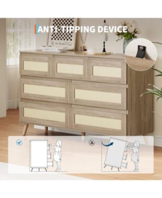 Rattan Dresser for Bedroom with 7 Drawers, 47.2 in Wide Chest of Drawers, Modern Wooden Dresser TV Stand with Wood Legs