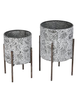 Set of 2 Coastal Distressed White and Gray Metal Cachepot Planters with Metal Stand