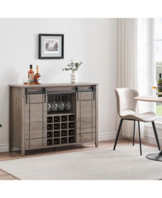47 Inch Wine Bar Cabinet with Sliding Barn Door Buffet Sideboard Cabinet with 16 Bottle Wine Rack
