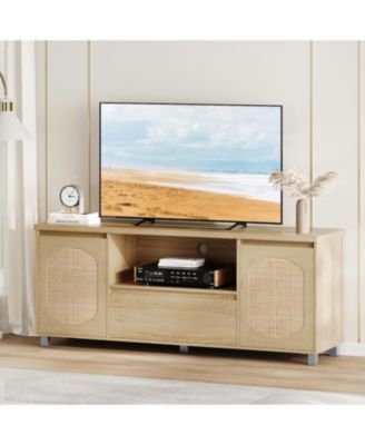 Rattan TV Stand for 65 Inch TV, Entertainment Center with Storage Drawer and Open Shelf, Wood