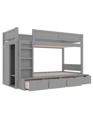 Twin over Twin Bunk Bed w/ 4 Drawers, Wardrobe, No Box Spring Needed