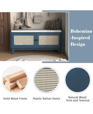 Rattan Shoe Storage Bench, Wooden Shoe Organizer with Cushion, 2 Doors, 2-Tier Shoe Rack and Adjustable Shelves for Entryway, Hallway