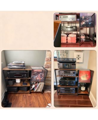 Rustic 6-Tier Media Cabinet with Adjustable Shelves and Record Holder