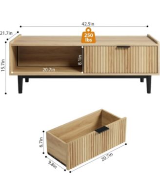 Coffee Table 42.5" Mid Century Modern Center Table with Drawer Fluted Living Room Table