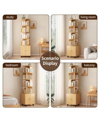 360° Rotating Bookshelf Tower, 5 Tier Wooden Display Bookcase with Wheels and Double Door Storage Cabinet