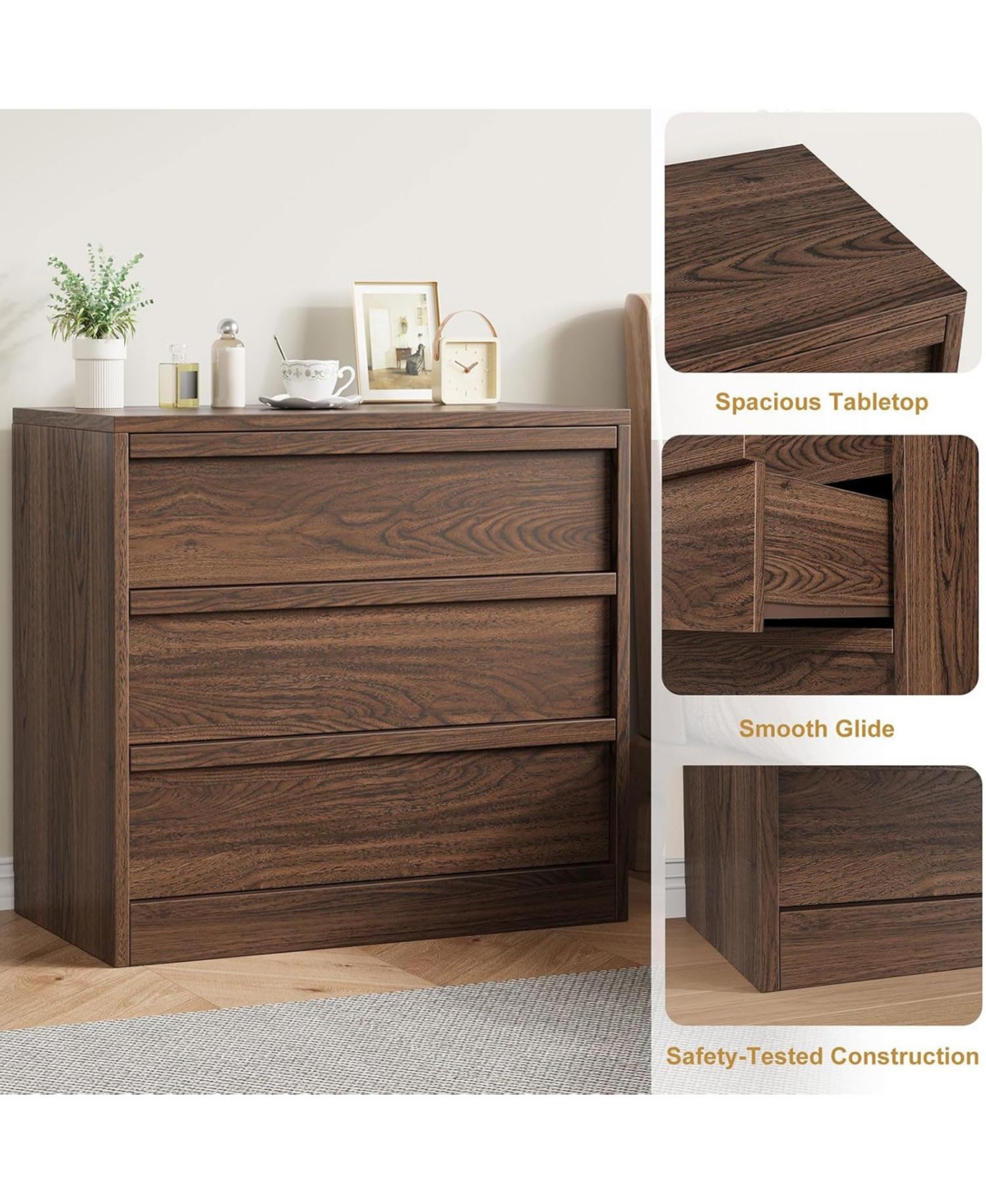 gaomon 3 Drawer Dresser for Bedroom, Nightstand Chest of Drawers with Large Storage, Small Modern Organizer Bedside Table Living Room