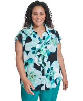 Plus Size Collared Neck Short-Sleeve Top