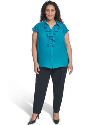 Plus Size Collared Neck Short-Sleeve Top