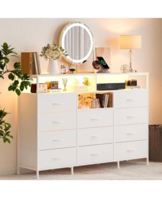 Dresser for Bedroom with 11 Drawers Featuring LED Light and Power Outlet, Fabric Dressers & Chest of Drawers with Open Shelves for Hallway