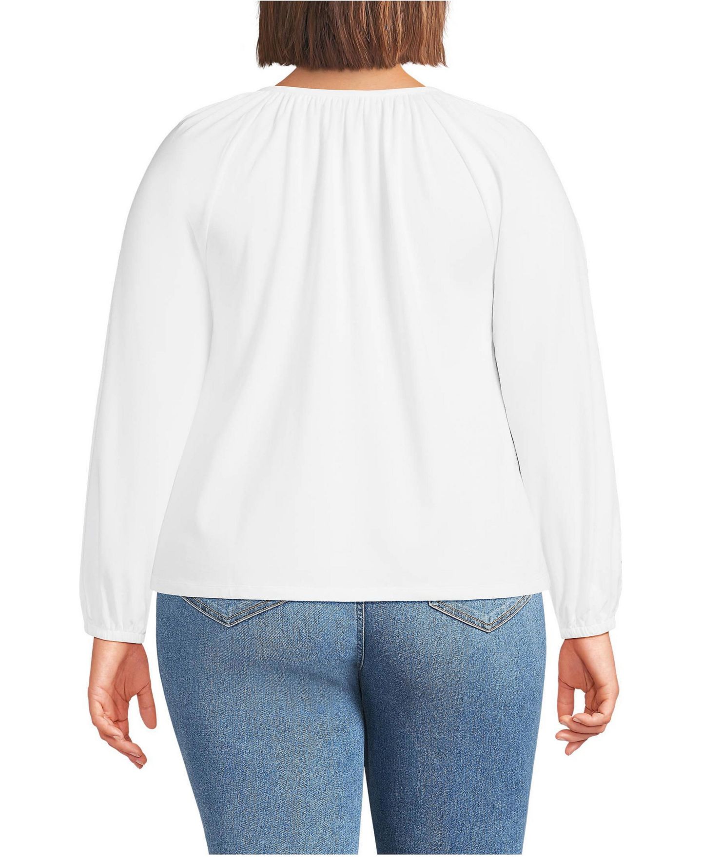 Женская блузка Lands' End Plus Size Lightweight Jersey 3/4 Sleeve Notch Neck Gather, цвет: Белый — фото 2