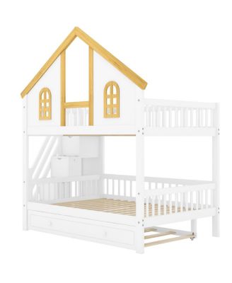 Streamdale Full Size Wooden House Roof Bunk Bed with Storage Staircase