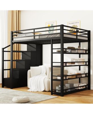  Queen Size Metal Loft Bed with Storage Shelves, Cabinets and Wardrobe