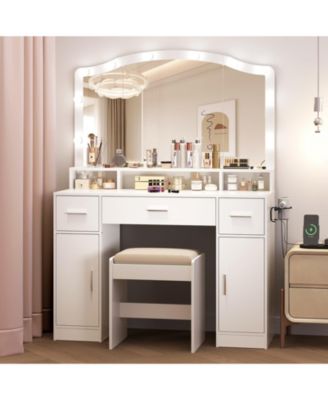 White 3-Drawer LED Vanity Set, Makeup Dressing Table with Cozy Padded Stool