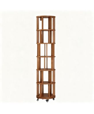 Rotating 6-Tier Walnut Bookshelf with Wheels for Space-Efficient Storage