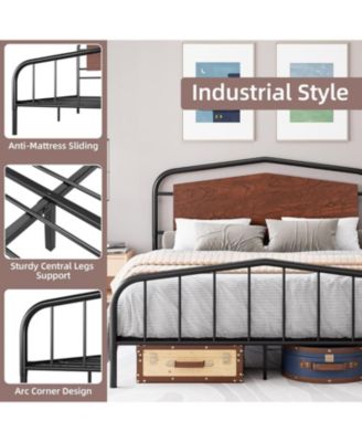  Metal Bed Frame with Wooden Headboard, Wrought Iron Metal Platform Bed Frame, Under Bed Storage, No Box Spring Required, Easy Assembly