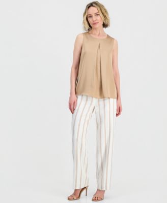 Women's Striped 3/4-Sleeve Double-Breasted Blazer, Pleated Satin Top & Striped Clean-Waist Pants