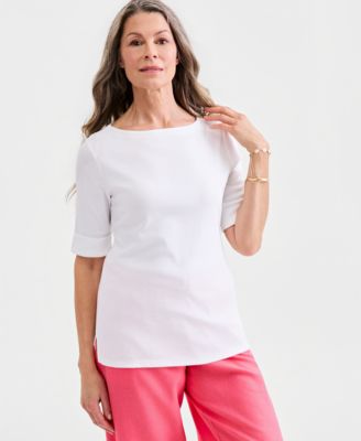 Women's Boat-Neck Elbow Sleeve Cotton Top