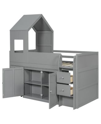 Twin Size Wooden Loft Bed with Desk, Drawers,Cabinets