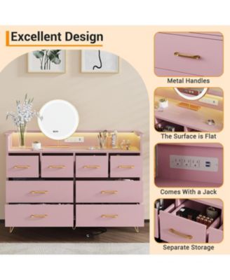 Drawer Wood Dressers for Bedroom with Led Light and Power Outlet for Adult and Kids Bedroom.