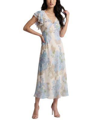 Women's Ruffle-Sleeve Floral V-Neck Dress