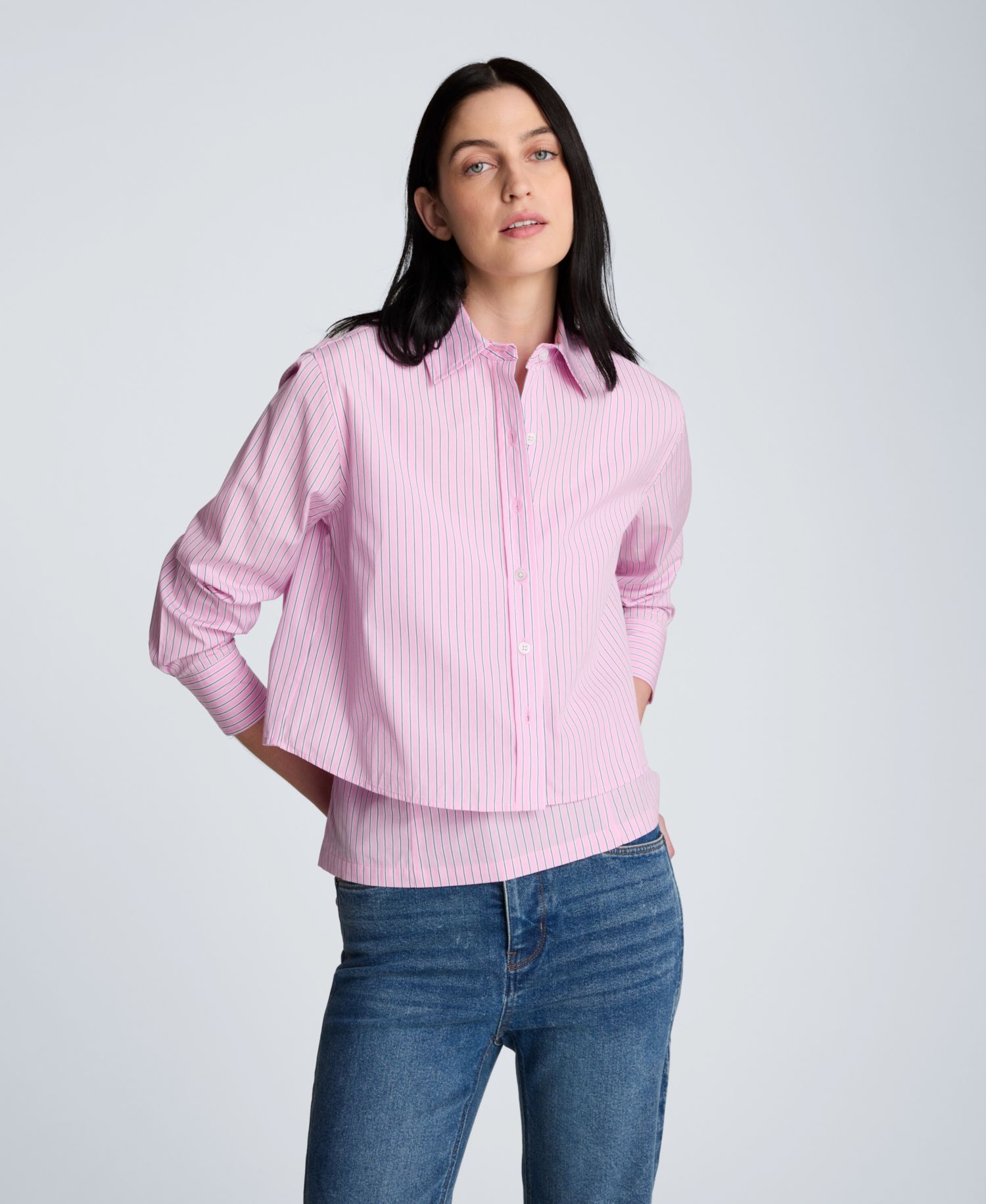 Striped Poplin Cropped Long Sleeve Button Front Shirt