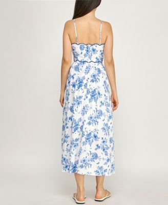 Juniors' Sleeveless Scallop Trim Slim Midi Dress