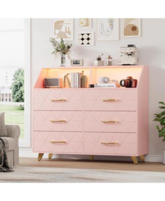 Pink Dresser with Charging Station, LED TV Stand, 6-Drawer Modern Wood Storage for Bedroom, Closet or Living Room