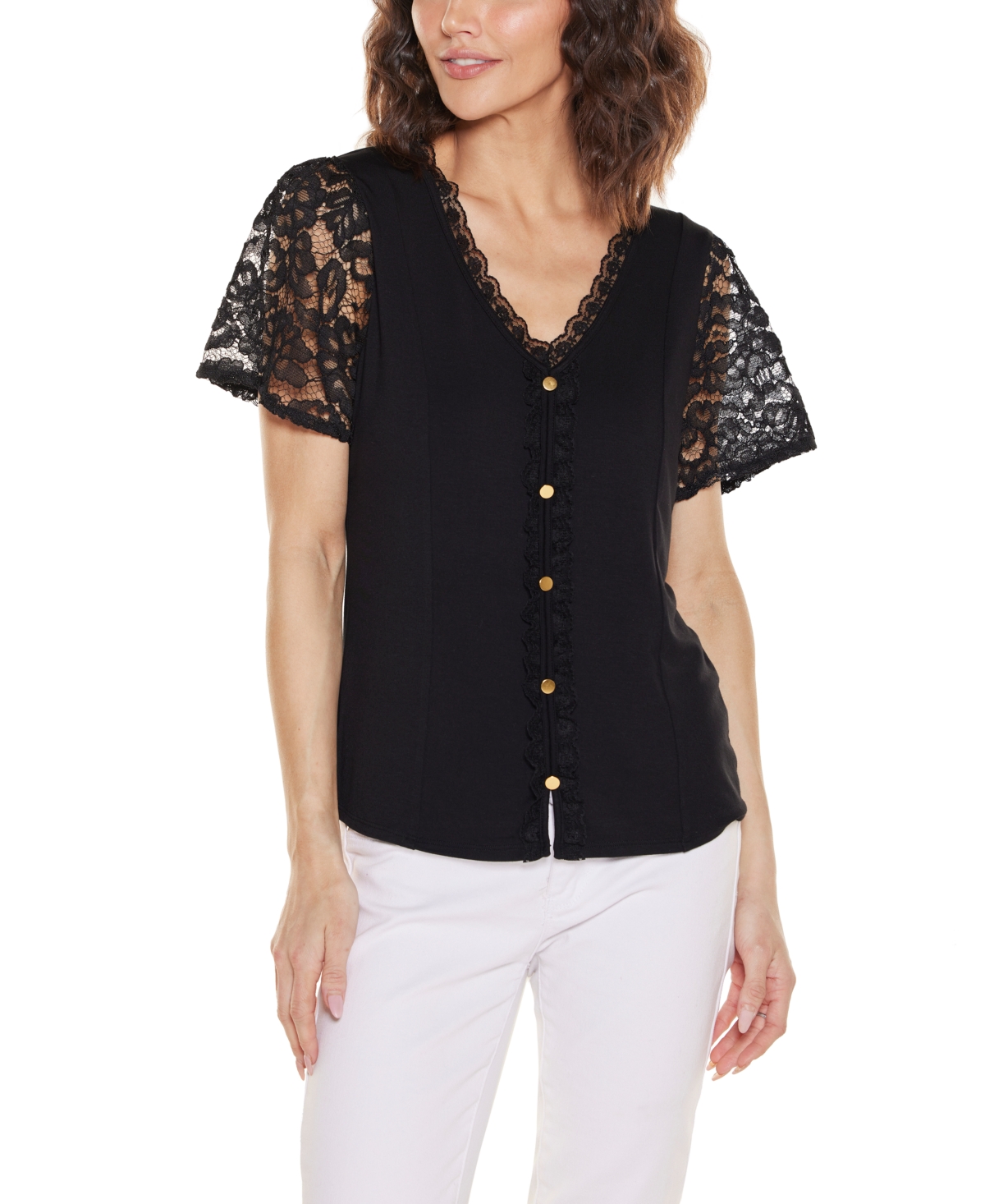 Belldini Women's Crochet Lace Sleeve V-Neck Top