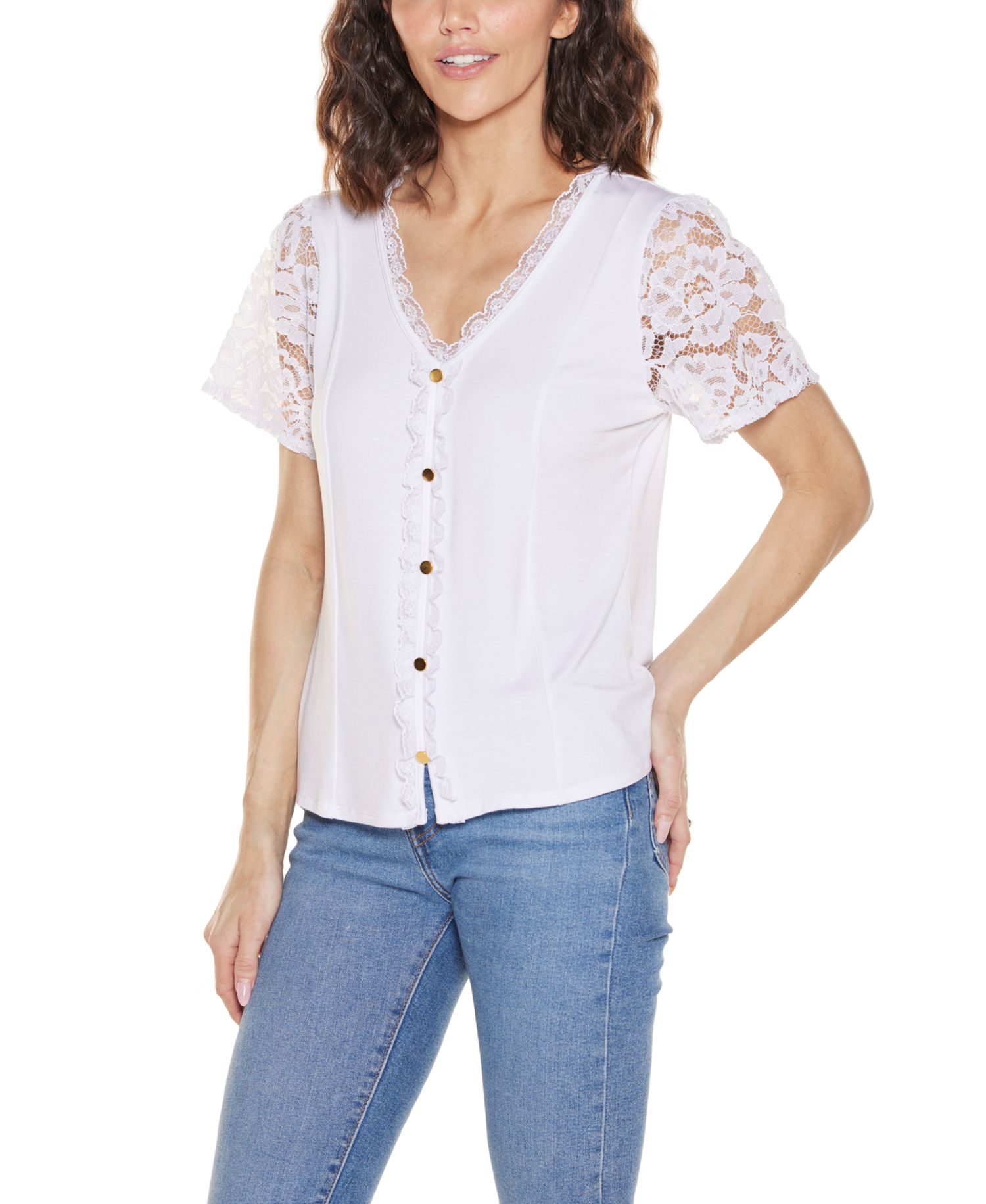 Plus Crochet Lace Sleeve V-Neck Top