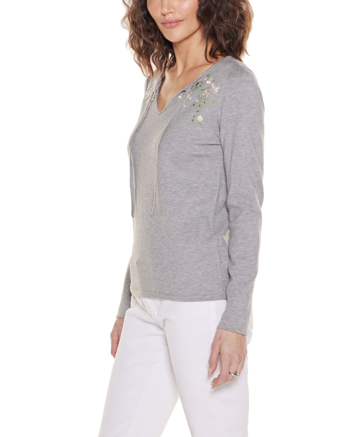 Belldini Women's Embroidered Flower Split-Neck Sweater