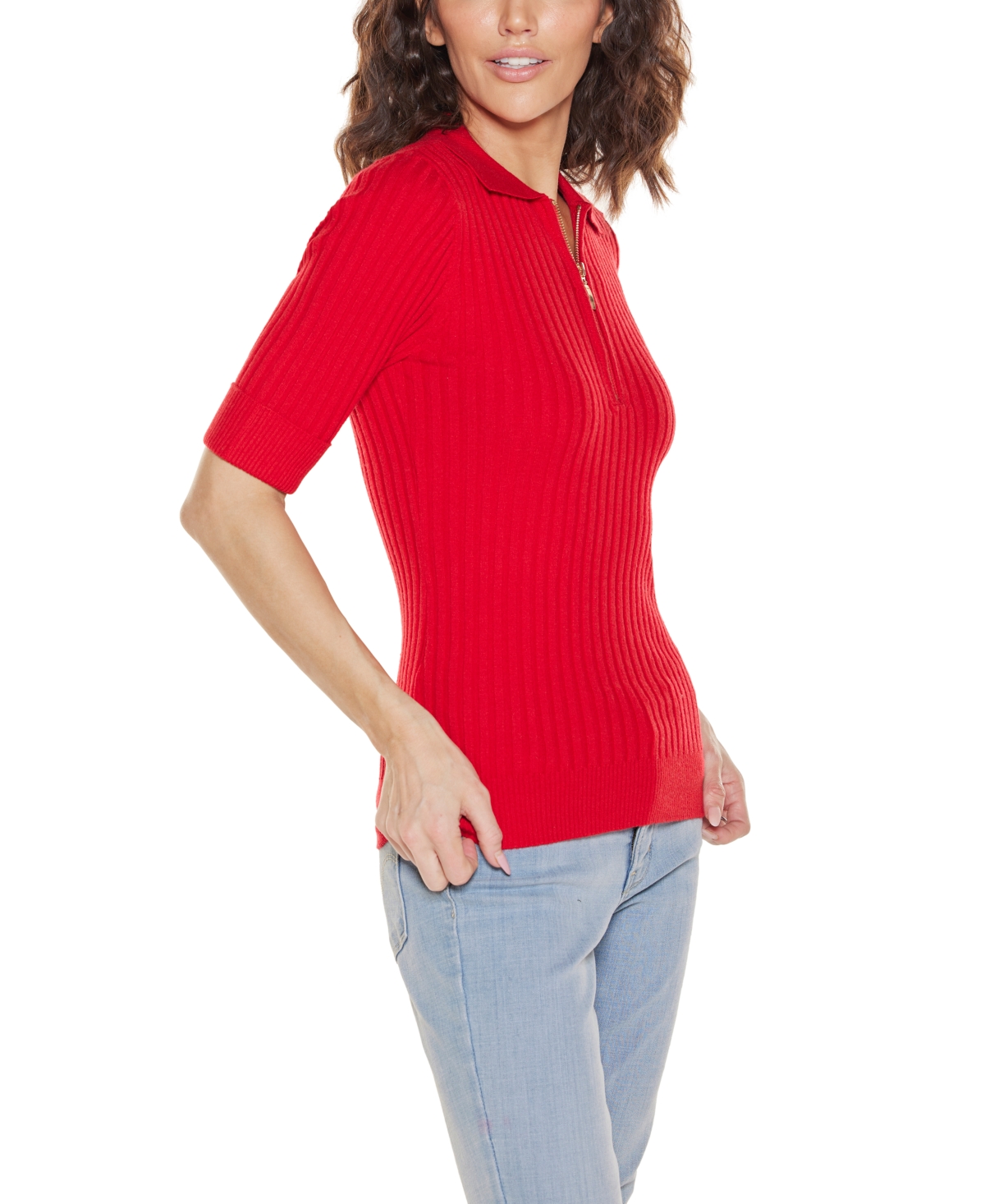Belldini Women's Collared Quarter Zip Ribbed Knit Sweater